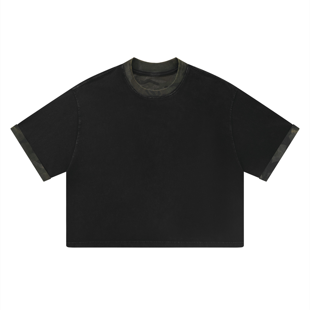 Unisex Loose Fit Snow Washed Patchwork T-Shirt in gray camo with black