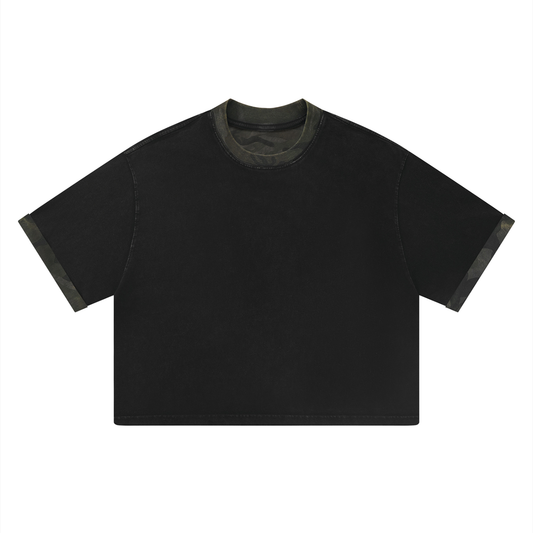 Unisex Loose Fit Snow Washed Patchwork T-Shirt in gray camo with black