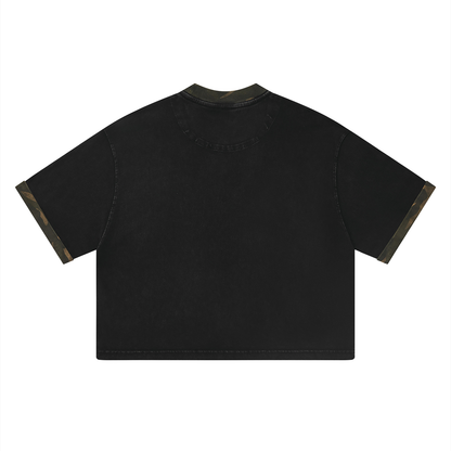 Unisex Loose Fit Snow Washed Patchwork T-Shirt in khaki camo with black, alternate angle