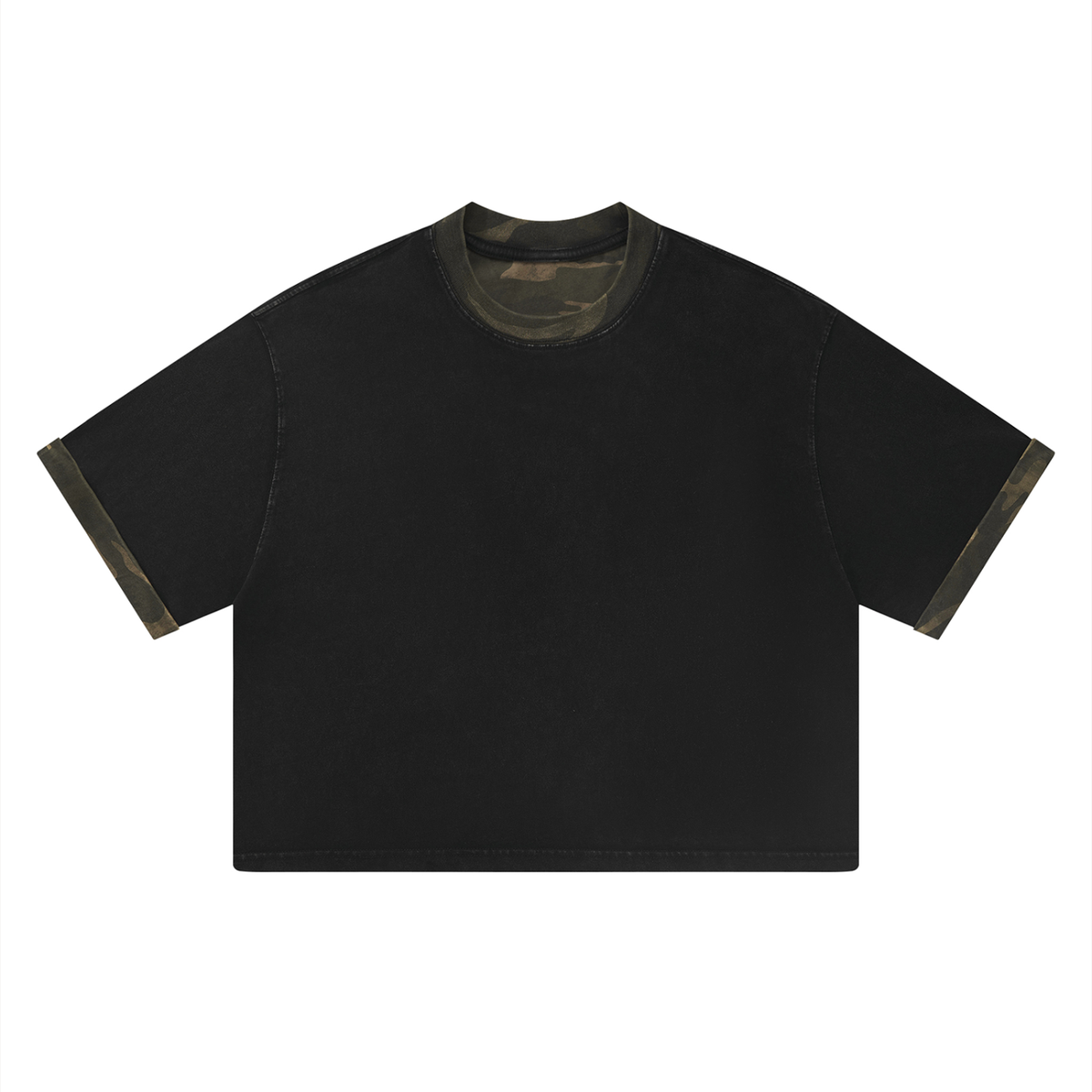 Unisex Loose Fit Snow Washed Patchwork T-Shirt in khaki camo with black
