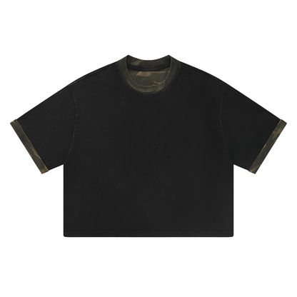 Unisex Loose Fit Snow Washed Patchwork T-Shirt in khaki camo with black