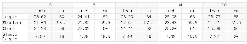 Size chart for the Unisex Loose Fit Snow Washed Patchwork T-Shirt