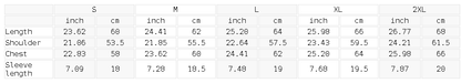 Size chart for the Unisex Loose Fit Snow Washed Patchwork T-Shirt
