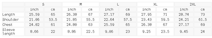 Size chart for the Unisex Loose Fit Snow Washed T-Shirt