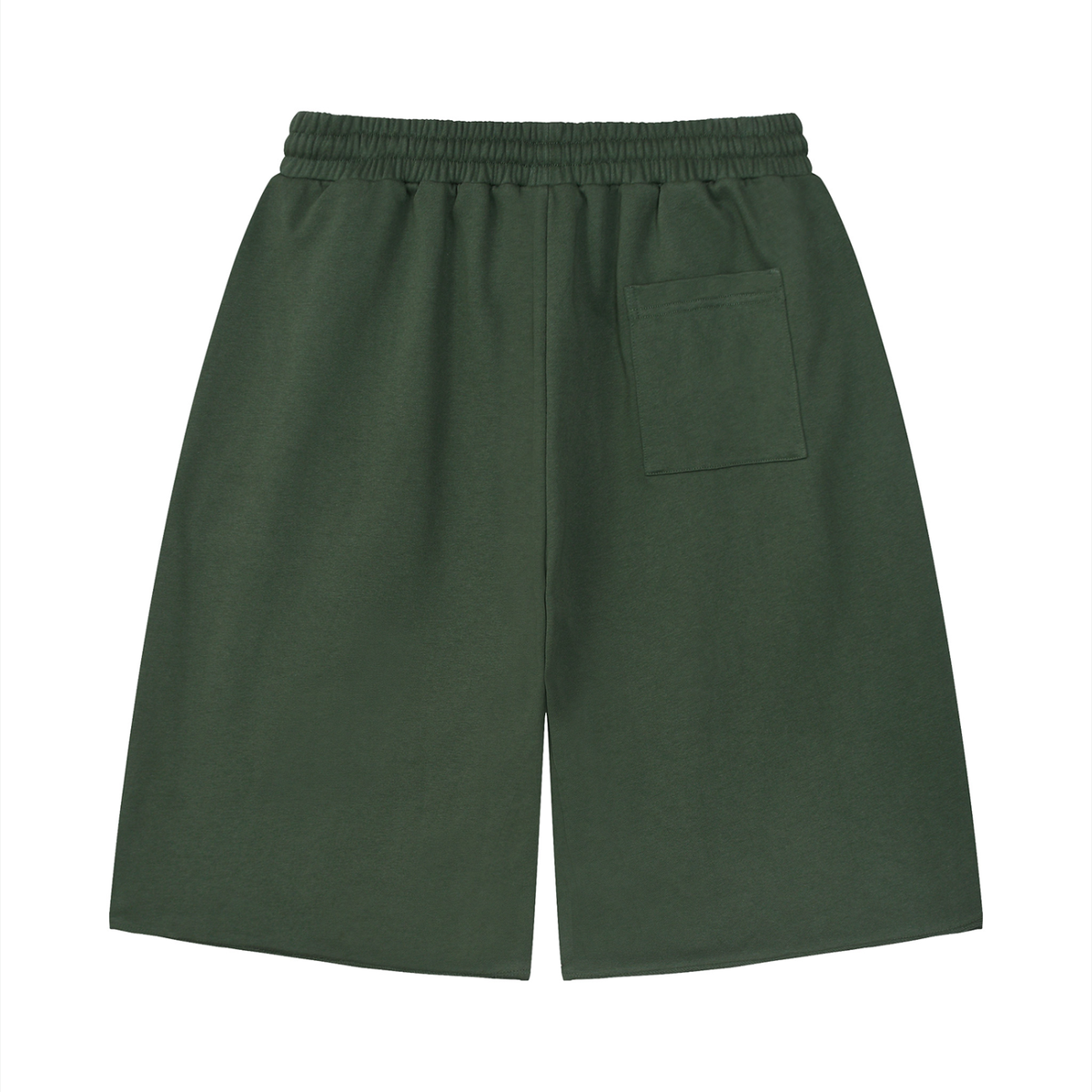 Unisex Loose Raw Edge Shorts in blackish green, alternate angle