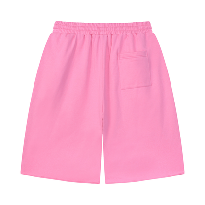 Unisex Loose Raw Edge Shorts in pink, alternate angle