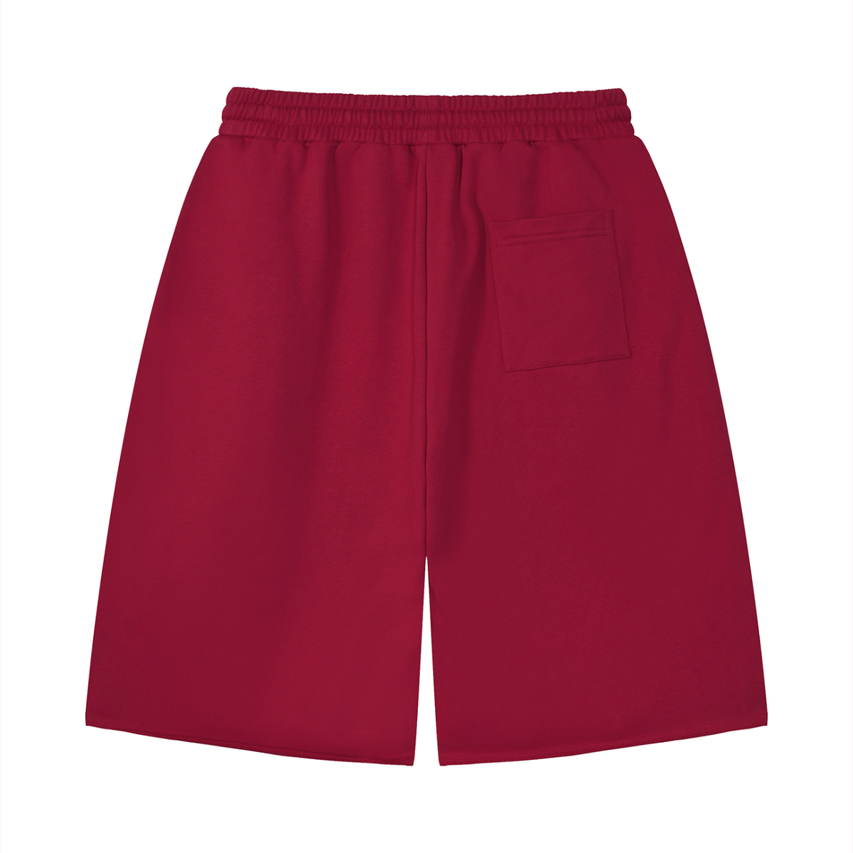 Unisex Loose Raw Edge Shorts in red, alternate angle