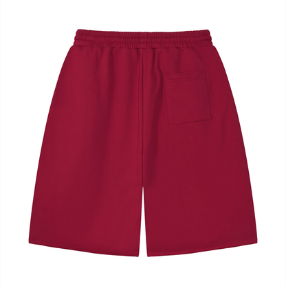 Unisex Loose Raw Edge Shorts in red, alternate angle