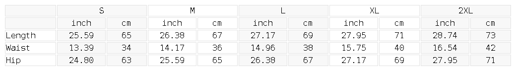 Size chart for the Unisex Loose Raw Edge Shorts