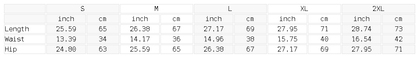 Size chart for the Unisex Loose Raw Edge Shorts