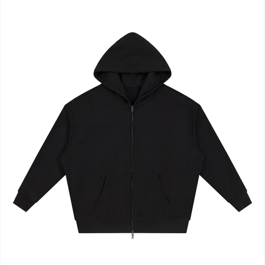 Unisex Loose Solid Full Zip Hoodie in black