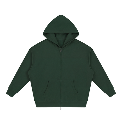 Unisex Loose Solid Full Zip Hoodie in blackish green