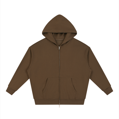 Unisex Loose Solid Full Zip Hoodie in coffee