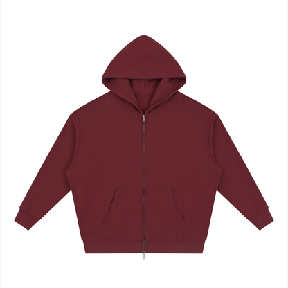 Unisex Loose Solid Full Zip Hoodie in dark red