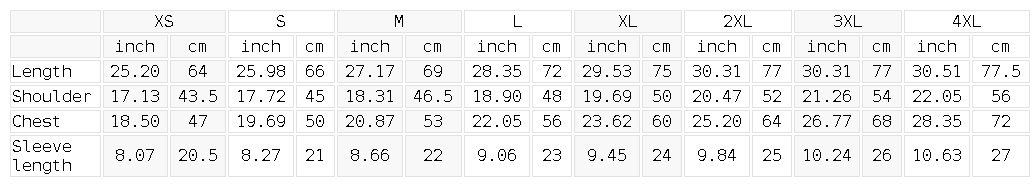 Size chart for the Unisex Mid-Weight Cotton T-Shirt