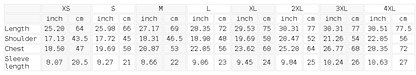 Size chart for the Unisex Mid-Weight Cotton T-Shirt