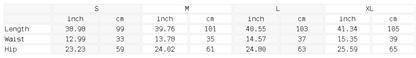 Size chart for the Unisex Mineral Wash Barrel Leg Pants