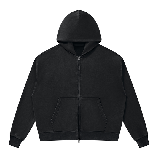 Unisex Mineral Wash Boxy Full Zip Hoodie in black