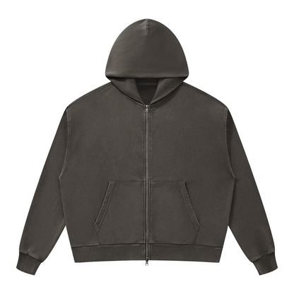 Unisex Mineral Wash Boxy Full Zip Hoodie in coffee