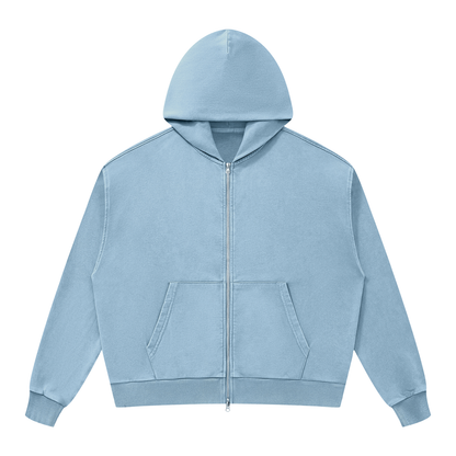 Unisex Mineral Wash Boxy Full Zip Hoodie in haze blue