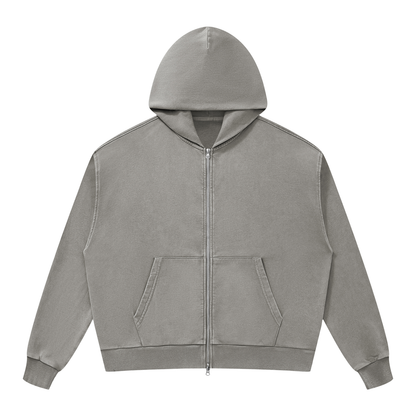 Unisex Mineral Wash Boxy Full Zip Hoodie in light gray
