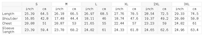 Size chart for the Unisex Minimalist Stand Collar Track Jacket