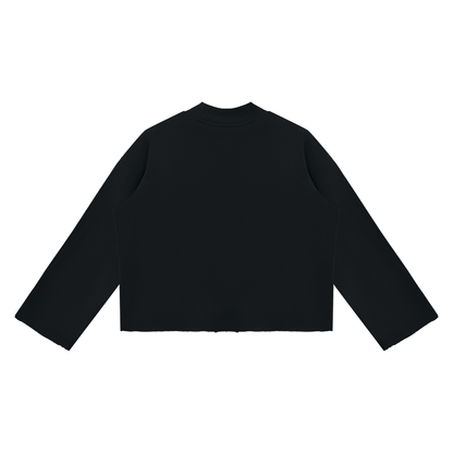 Unisex Mock Neck Raw Edge Boxy Sweatshirt in black, alternate angle