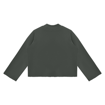 Unisex Mock Neck Raw Edge Boxy Sweatshirt in dark gray, alternate angle