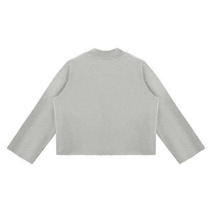 Unisex Mock Neck Raw Edge Boxy Sweatshirt in flower gray, alternate angle