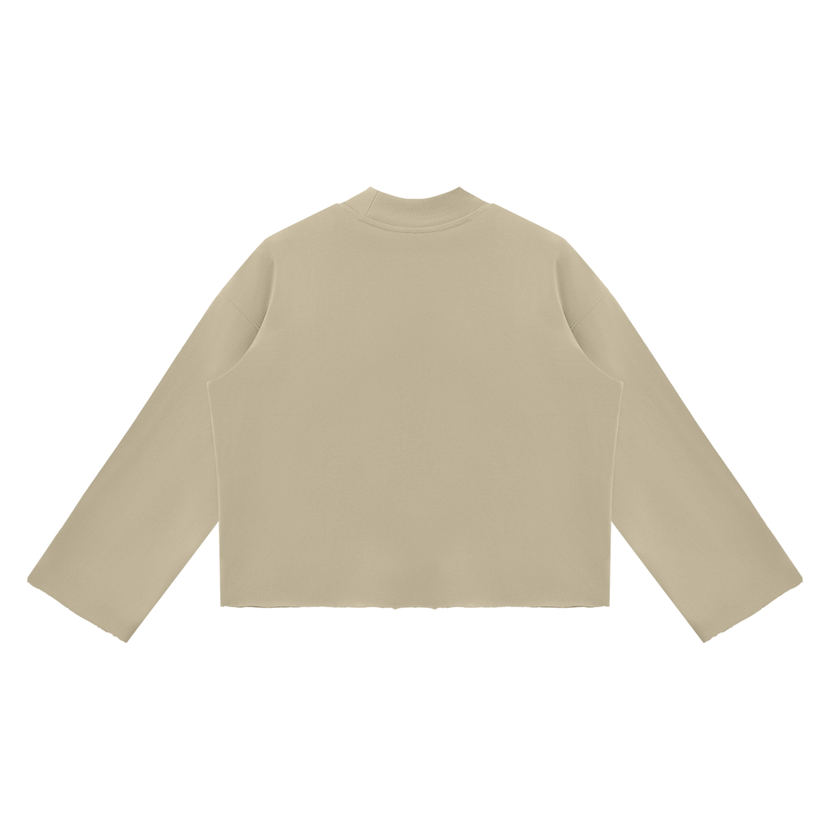 Unisex Mock Neck Raw Edge Boxy Sweatshirt in khaki, alternate angle