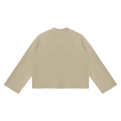 Unisex Mock Neck Raw Edge Boxy Sweatshirt in khaki, alternate angle