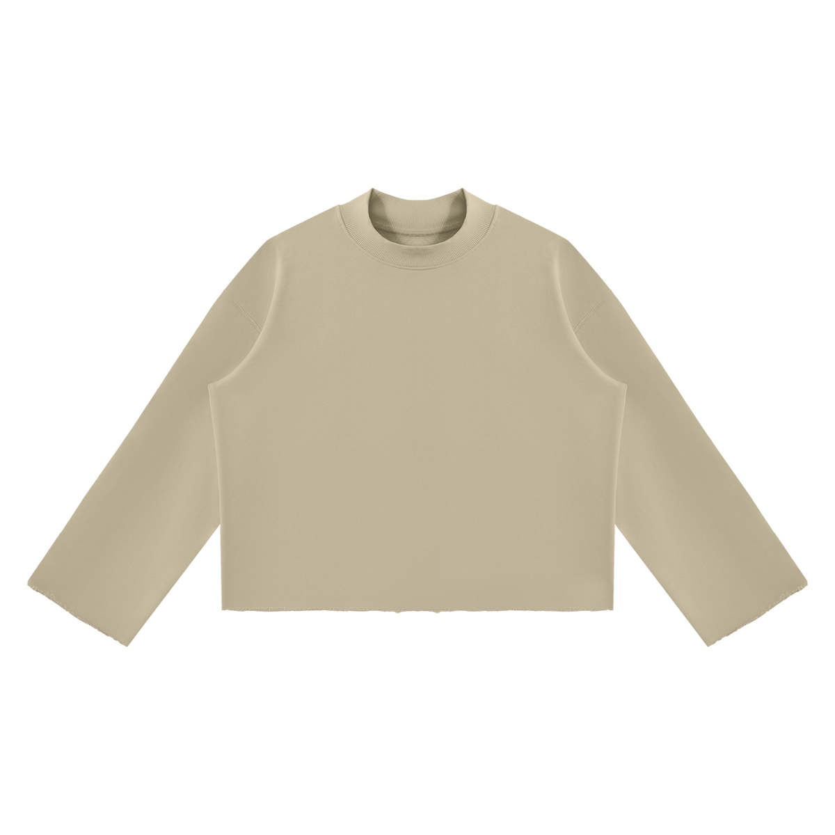 Unisex Mock Neck Raw Edge Boxy Sweatshirt in khaki