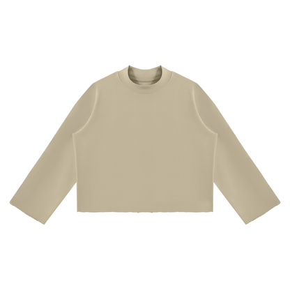 Unisex Mock Neck Raw Edge Boxy Sweatshirt in khaki