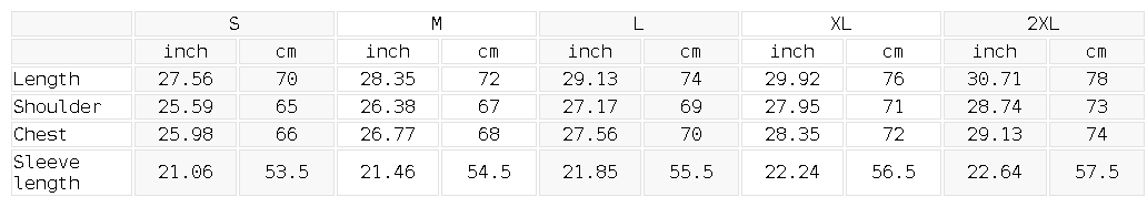 Size chart for the Unisex Oversize Fleeced Hoodie