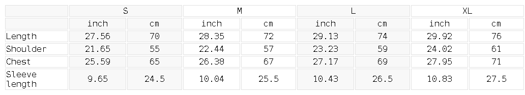 Size chart for the Unisex Oversized Baseball Jersey