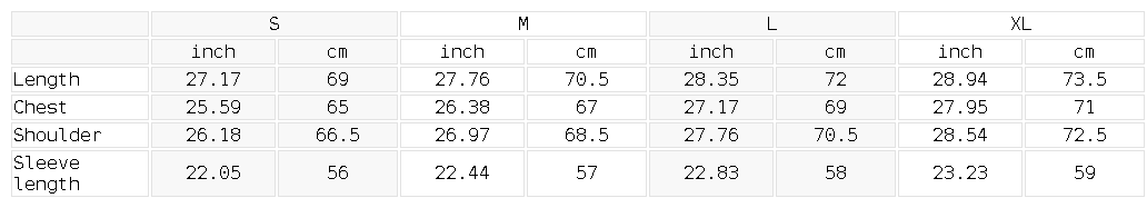 Size chart for the Unisex Oversized Collared Sweatshirt