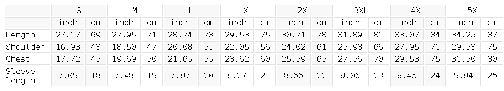 Size chart for the Unisex Oversized Cotton T-Shirt