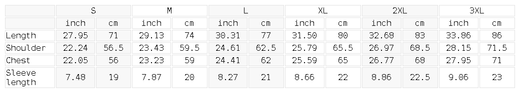 Size chart for the Unisex Oversized Drop Shoulder T-Shirt