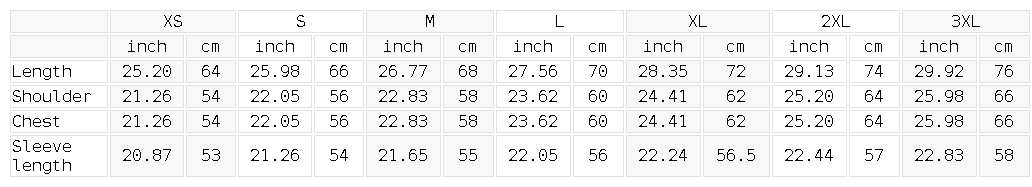 Size chart for the Unisex Oversized Full Zip Hoodie