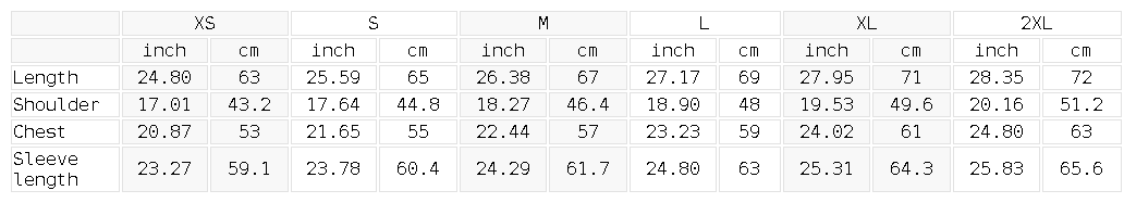 Size chart for the Unisex Oversized Full Zip Jacket