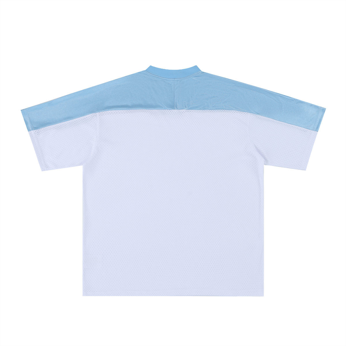 Unisex Oversized Mesh V-Neck Soccer Jersey in blue with white, alternate angle
