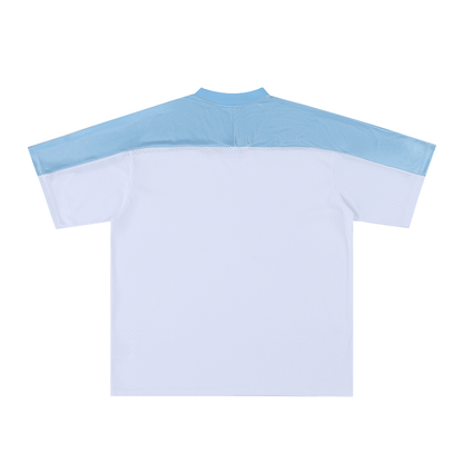 Unisex Oversized Mesh V-Neck Soccer Jersey in blue with white, alternate angle