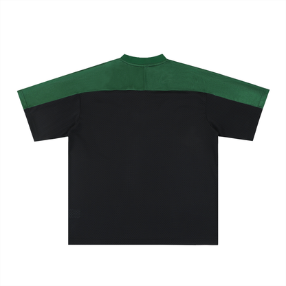 Unisex Oversized Mesh V-Neck Soccer Jersey in dark green with black, alternate angle