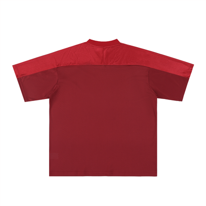 Unisex Oversized Mesh V-Neck Soccer Jersey in dark red with dull red, alternate angle