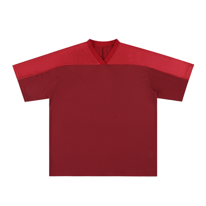 Unisex Oversized Mesh V-Neck Soccer Jersey in dark red with dull red