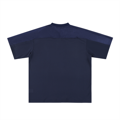 Unisex Oversized Mesh V-Neck Soccer Jersey in navy blue with gray blue, alternate angle