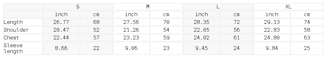 Size chart for the Unisex Oversized Piping Henley T-Shirt