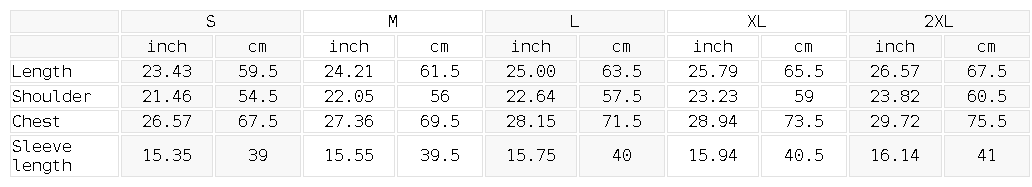 Size chart for the Unisex Oversized Snow Wash Three-Quarter Sleeve T-Shirt