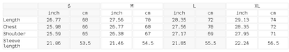 Size chart for the Unisex Oversized V-Neck Sweatshirt