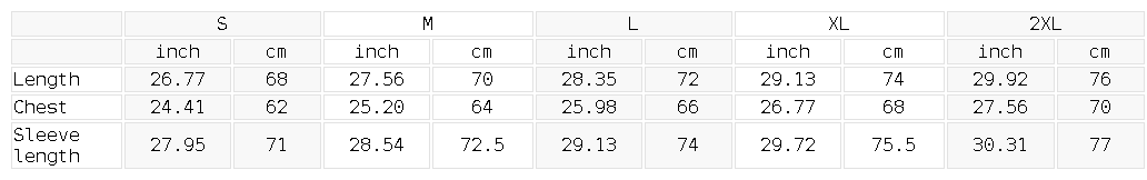Size chart for the Unisex Paneled Long Sleeve Jersey